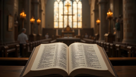 Open bible in a church with blurred man in background, shallow depth of fieldの素材