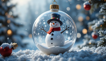 Snowman in snow globe. Christmas and New Year concept. 3D Renderingの素材