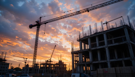 Construction site with cranes and building silhouettes on sunset sky backgroundの素材