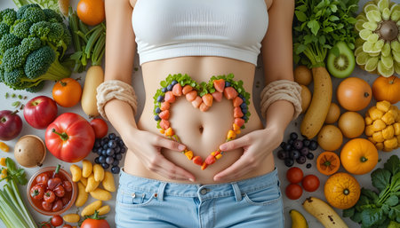 Healthy eating and dieting concept. Top view of pregnant woman with heart shaped fruit and vegetablesの素材