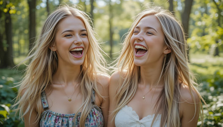 Portrait of two young beautiful women laughing and having fun in the parkの素材