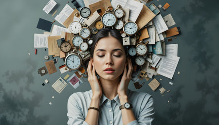 Tired businesswoman with many alarm clocks around her head. Time management conceptの素材