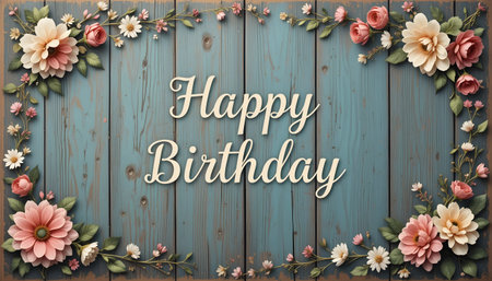 Happy Birthday lettering with floral frame on blue wooden background. Vector illustration.の素材