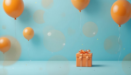 Gift box and balloons on blue background. 3D rendering.の素材