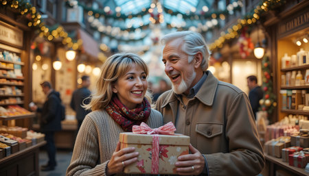 Happy senior couple with gift box on Christmas market. Cheerful mature couple celebrating Christmas.の素材