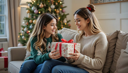 happy mother and daughter with gift box sitting on sofa at christmasの素材