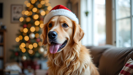 Golden retriever dog in santa hat sitting on sofa at homeの素材