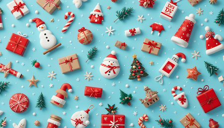 Christmas background with snowman, gift box, christmas tree and snowflakesの素材