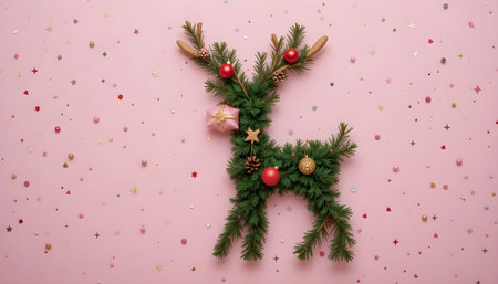 Christmas decorations on a pink background. Top view, flat lay.の素材