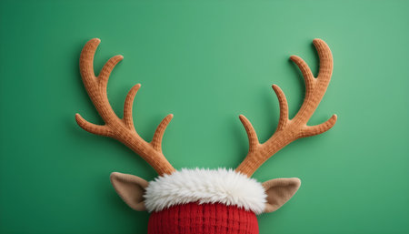 Christmas reindeer with santa hat on green background with copy spaceの素材