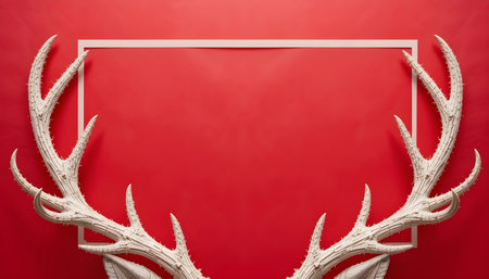 White deer antlers on red background with white frame. Flat lay, top view.の素材