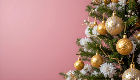 Christmas tree with golden and white baubles on a pink backgroundの素材