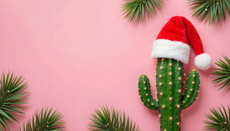 Cactus with Santa Claus hat on pink background. Christmas concept.の素材