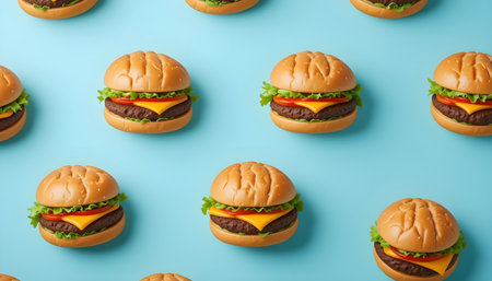 Seamless pattern with tasty hamburgers on light blue backgroundの素材
