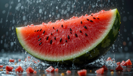 Fresh watermelon with splashes of water on a black background.の素材