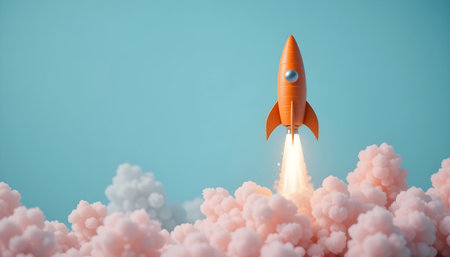 Rocket taking off into the sky. 3d illustration. Success concept.の素材
