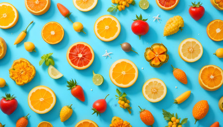 Creative pattern made of fruits and vegetables on blue background. Flat lay, top viewの素材