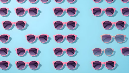 Pink sunglasses pattern on blue background. Minimal summer fashion concept.の素材