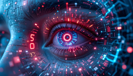 Abstract 3d rendering of digital human eye with glowing lights. Futuristic background.の素材