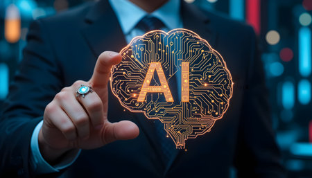 Businessman on blurred background using artificial intelligence brain interface 3D renderingの素材