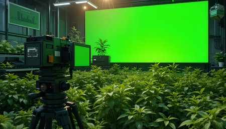 Green screen on a tripod in the green plant in the greenhouse.の素材
