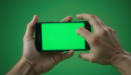 male hands holding a smartphone with a green screen on a green backgroundの素材