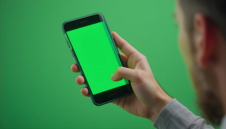 Smartphone with green screen in a man's hand on a green backgroundの素材