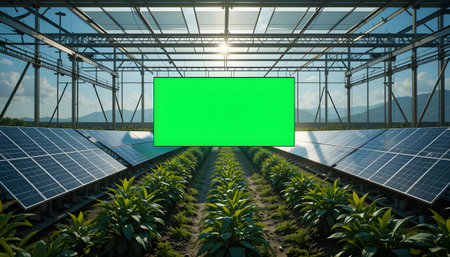 Green screen in a greenhouse with solar panels. 3d rendering.の素材