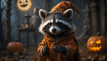 Portrait of a cute raccoon in a costume of a witch on Halloween background.の素材