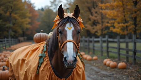 Horse in a wreath on the background of pumpkins.の素材