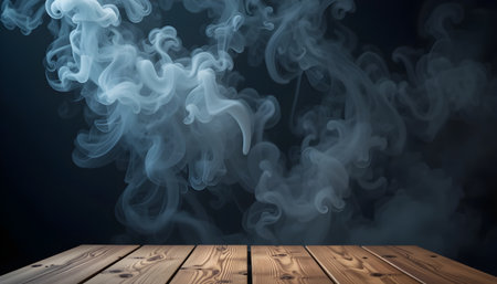 Smoke on a wooden table against dark background with vignetteの素材
