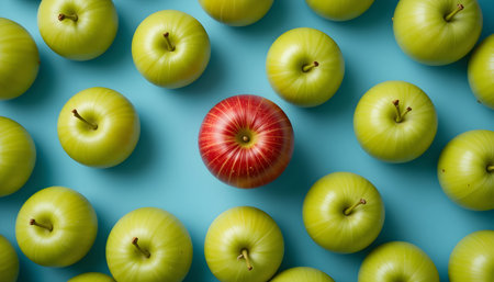 Red apple and green apples on blue background. Flat lay, top viewの素材