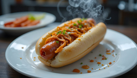 Hot dog with sausage on a white plate in a restaurant. Close up.の素材