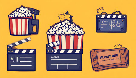 Cinema icons set with movie clapper and popcorn vector illustrationの素材