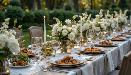 Wedding table setting with flowers, candles and candlesticksの素材