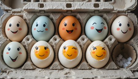 Eggs with smiley faces in carton box, closeupの素材