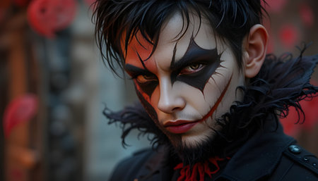 Portrait of a man with Halloween make-up and black eyesの素材