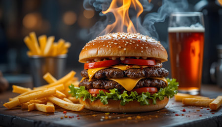 Hamburger with french fries and beer on a dark background.の素材