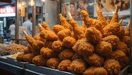 Crispy fried chicken nuggets at street food market in Seoul, South Koreaの素材