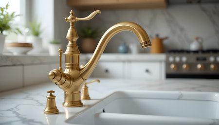 golden kitchen faucet on white marble countertop in modern kitchenの素材