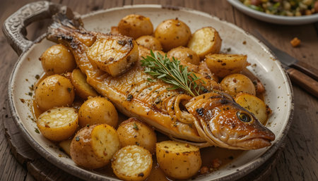 Fried fish with potatoes and rosemary on a wooden table.の素材