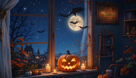 Halloween background with pumpkins, bats and candles. 3D renderingの素材