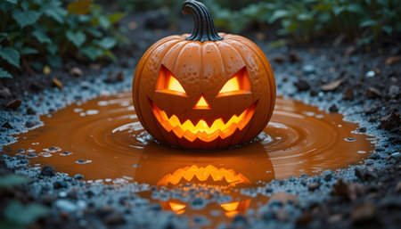 Halloween pumpkin head jack-o-lantern in puddleの素材