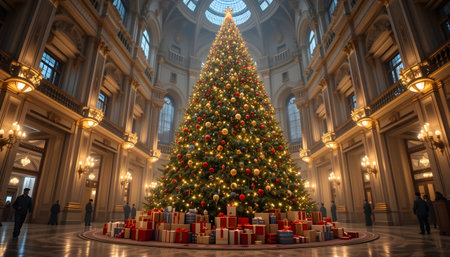 Santa Claus sitting in a chair near the fireplace and Christmas tree.の素材
