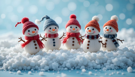 Snowman family on snow background. Christmas and New Year concept.の素材