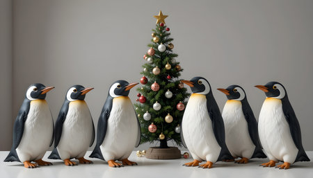 Group of penguins with Christmas tree on the background. 3d renderingの素材