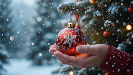 Hands holding christmas ball with snowflakes on bokeh backgroundの素材