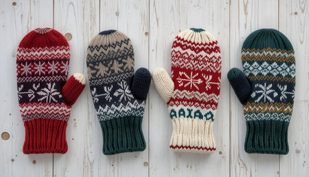 Knitted hats and mittens on a wooden background. Knitted clothes.の素材
