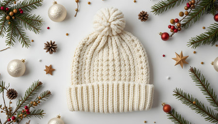 Stylish knitted hat and Christmas decorations on white background, flat layの素材