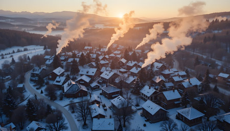 Aerial view of winter village with smoking chimneys. Carpathians, Ukraineの素材